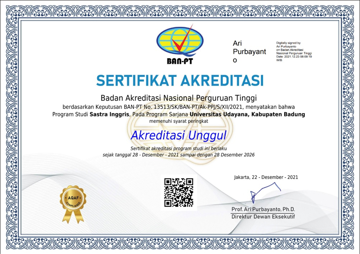 Sertifikat Akreditasi Sastra Inggris Unud